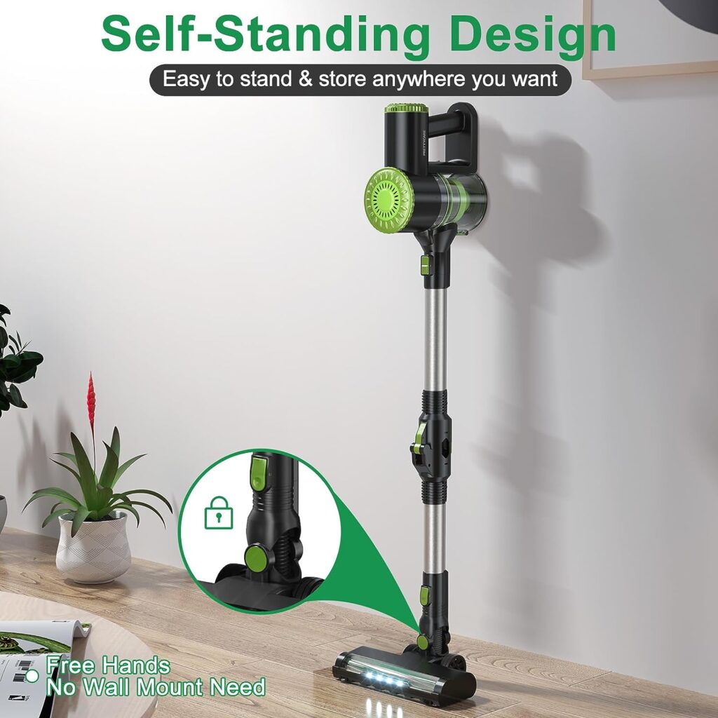 PRETTYCARE Cordless Vacuum Cleaner, 6 in 1 Lightweight Stick Vacuum Self-Standing with Powerful Suction, 180° Bendable Wand Rechargeable Cordless Vacuum for Hardwood Floor Pet Hair (Green)