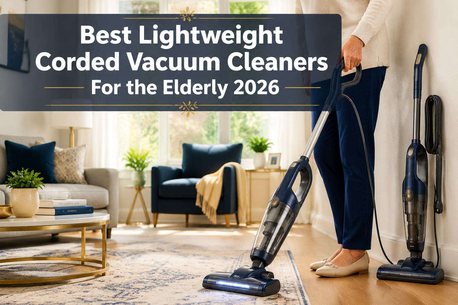 Lightweight Corded Vacuum Cleaners For the Elderly Professional landscape format (1536x1024) hero image with bold text overlay: 'Best Lightweight Corded Vacuum Cleaners For the Elderly 2026' in extra large 72pt white bold sans-serif font with dark semi-transparent background strip for contrast, centered upper third. Background shows a bright, clean modern living room with a slim corded vacuum leaning against a white wall, soft natural light streaming through windows, warm neutral tones. An older adult's hands gently grip an ergonomic vacuum handle in the foreground. Color scheme: warm white, navy blue, soft gold accents. Magazine cover quality, editorial style, high contrast, inviting and trustworthy aesthetic.
